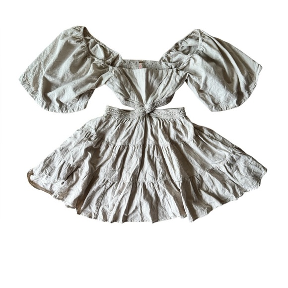 Free People XS Cross of Sunlight Dress Tan Oatmeal Mini Tiered Criss Cross Back - Picture 2 of 8